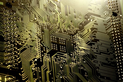 close view detail of   computer circuit chips on a golden light.