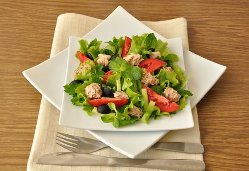 Tuna salad with mint and mixed vegetables with olives