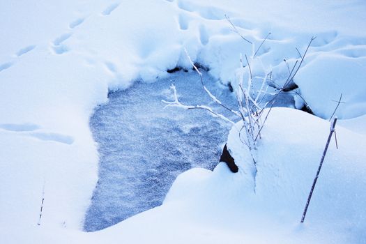 Winter landscape. Water uder ice and snow