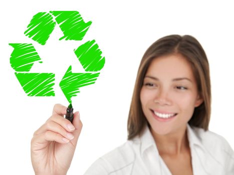 Recycling. Woman drawing recycle sign on copy space. Smiling young business woman smiling on white background. Asian / Caucasian female model.