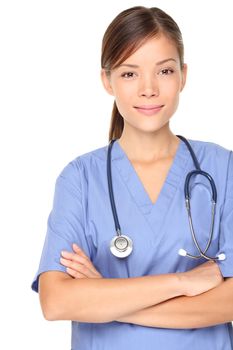 Medical person: Nurse / young doctor portrait. Confident young woman medical professional isolated on white background. Young pretty multiracial Asian / Caucasian female model.