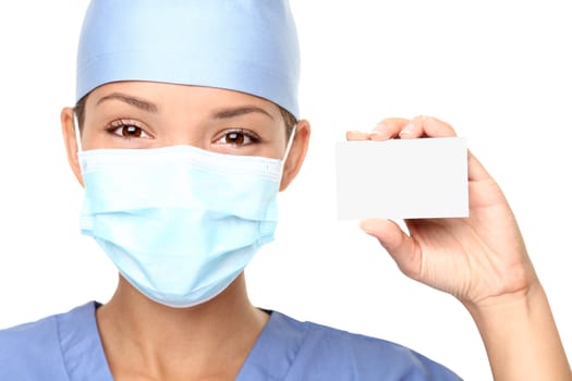 Nurse or young medical doctor woman showing business card isolated on white background. Closeup with copy space on blank empty sign.
