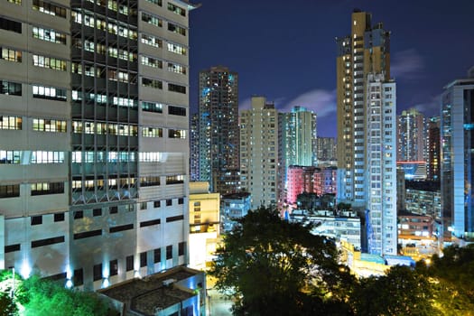 Hong Kong with crowded buildings at night