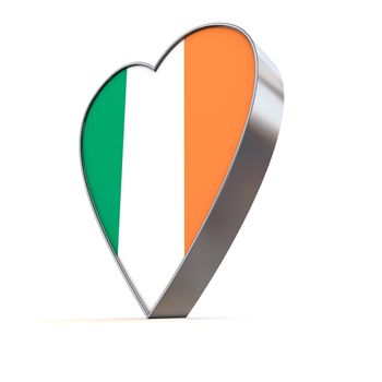 shiny metallic 3d heart of silver/chrome - front surface shows the irish flag