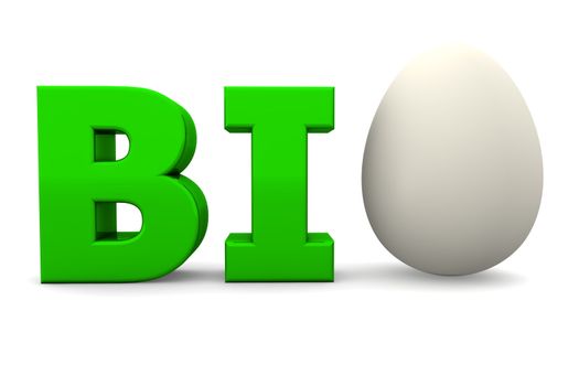 glossy green word BIO with an eggshell white egg replacing letter O