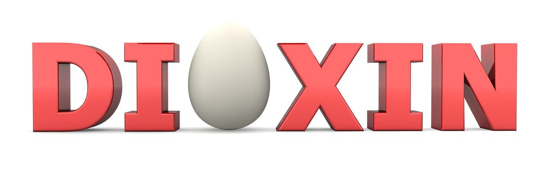glossy red word DIOXON with an eggshell white egg replacing letter O