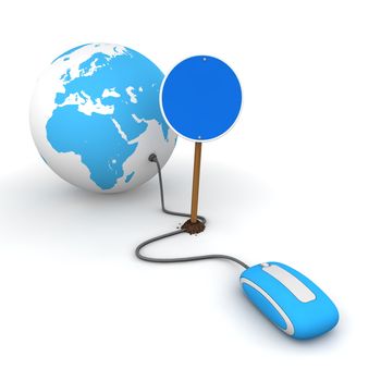 red computer mouse is connected to a light blue globe - surfing and browsing is blocked by a blue round mandatory-sign - empty template