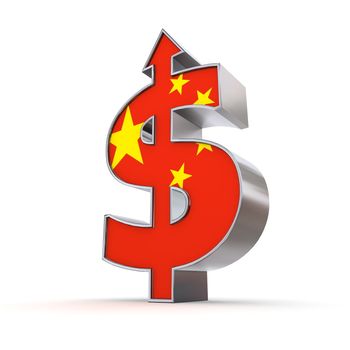 dollar sign made of solid metal with arrow up stands on white ground - front textured with chinese flag