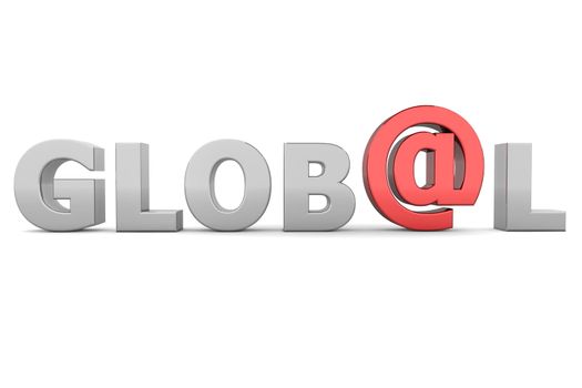 glossy grey word GLOBAL with a shiny red AT-symbol