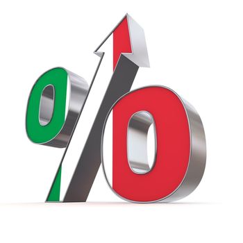 shiny metallic percentage symbol with an arrow up - front surface textured with the italian flag