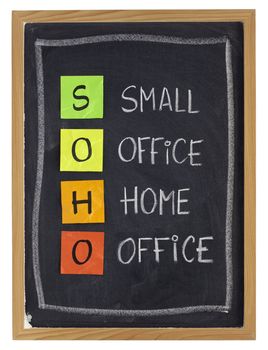 virtual office concept - SOHO acronym (small office, home office) - white chalk handwriting and sticky notes on blackboard, isolated on white