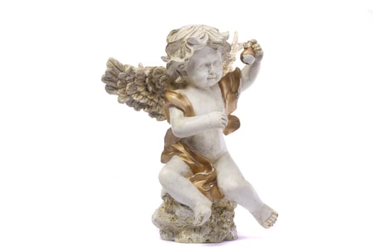 Close up view detail of a ceramic angel isolated on a white background.