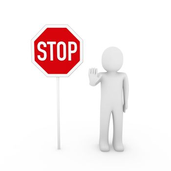 3d human stop red sign white symbol shield