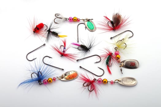 Fishing lures and hooks used by fishermen to catch fish.