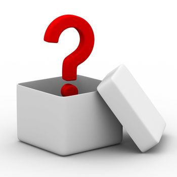 Open box with question. Isolated 3D image