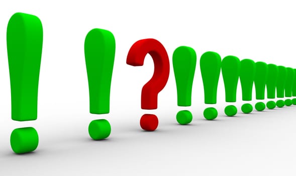 Question among exclamation marks. Isolated 3D image