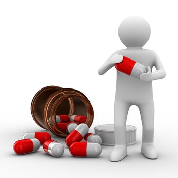 man with bottle for tablets. Isolated 3D image