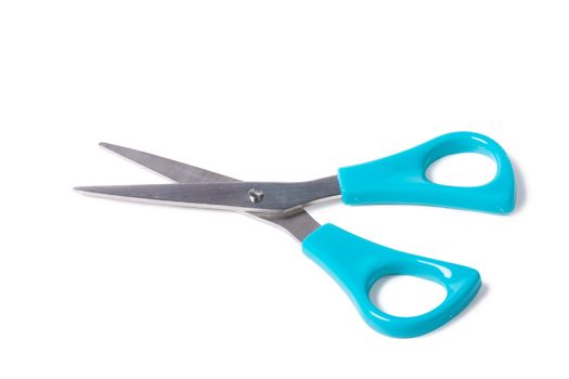 Scissors with blue plastic handles isolated on the white