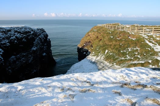 christmas winters view of the ballybunion cliffside walk with snowfall on the ground