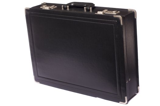 Close up view a modern black business briefcase isolated on a white background.
