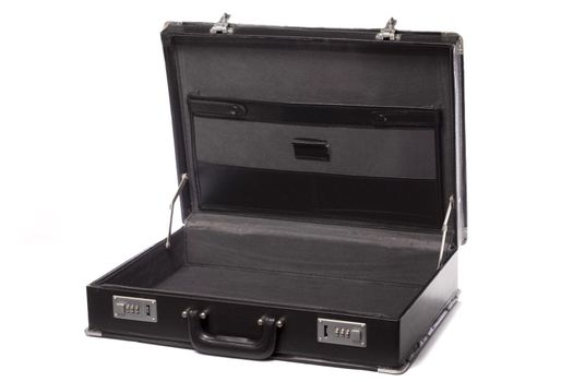 Close up view a modern black business briefcase isolated on a white background.