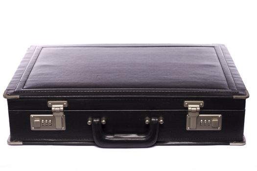Close up view a modern black business briefcase isolated on a white background.