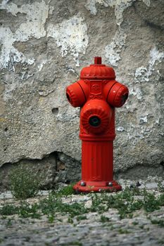View of a red fire plug located on a street next to a decaying wall.