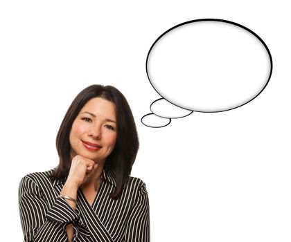 Beautiful Hispanic Woman and Blank Thought Bubbles and Isolated on a White Background.