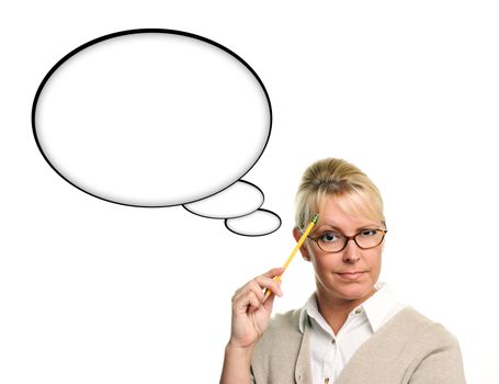 Beautiful Woman and Blank Thought Bubbles and Pencil Isolated on a White Background.