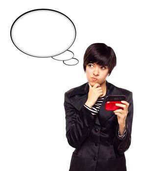 Beautiful Multiethnic Young Woman with Cell Phone and Blank Thought Bubbles Isolated on a White Background.