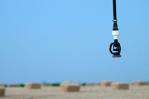 Sprinkler head at dusk with straw bales in background