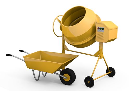 Yellow concrete mixer and wheelbarrow - 3D rendered image.
