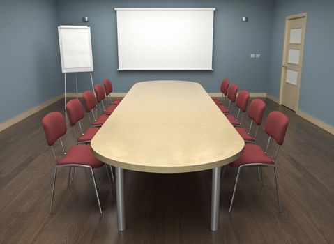Board room with empty screen and flipchart. 3D render.