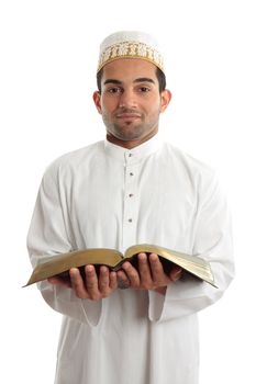 Smiling ethnic preacher or teacher holding a book.  White background.