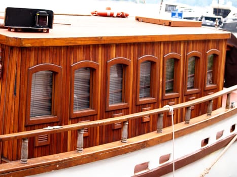 Old wooden boat exterior at harbor, no person