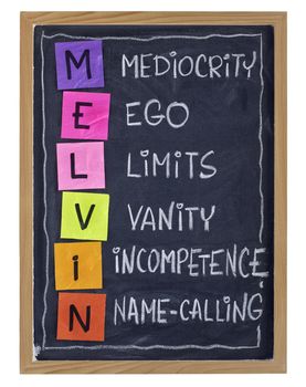 Non-productive aspects of workplace behaviour and attitude - MELVIN acronym (Mediocrity, Ego, Limits, Vanity, Incompetence, Name-calling) explained with color sticky notes and white chalk handwriting on blackboard