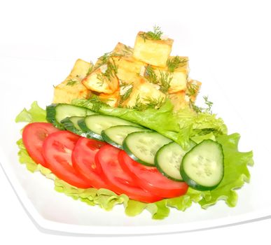 Potato country style with dill and garlic, fresh vegetables on white background