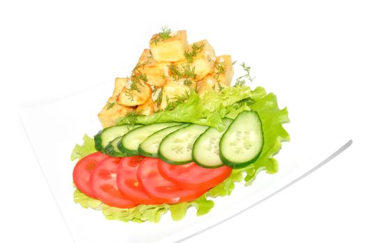  Potato country style with dill and garlic, fresh vegetables on white background