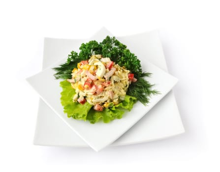a salad of corn, Chinese cabbage, egg, ham, peppers and mayonnaise