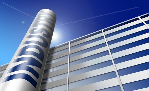 Illustration of a generic industrial building on a background of the blue sky, written industry on the smokestack