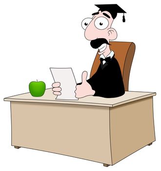 Illustrated cartoon teacher sitting behind a desk