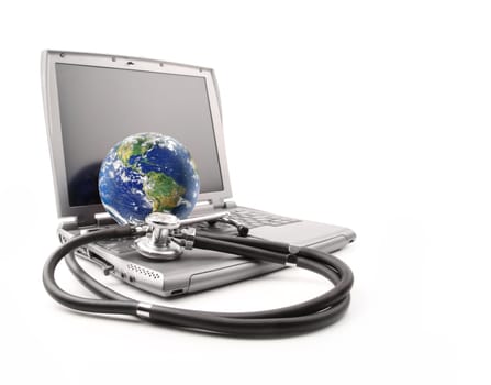 Stethoscope on laptop keyboard with earth on white background