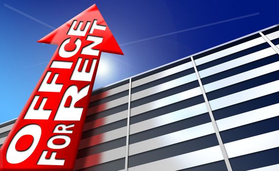 Illustration with generic building, red arrow with written office for rent on a blue sky