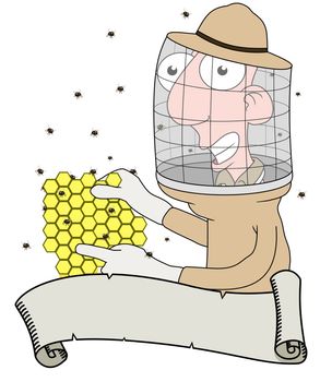 Cartoon illustration of a Bee keeper behind a scroll