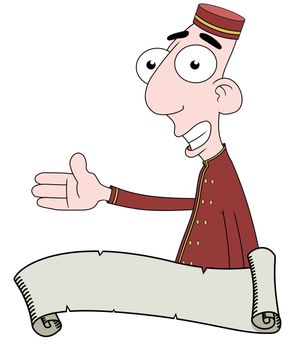 Cartoon illustration of a Bellboy behind a scroll
