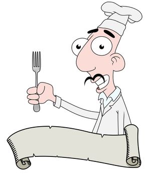 Cartoon illustration of a Chef behind a scroll