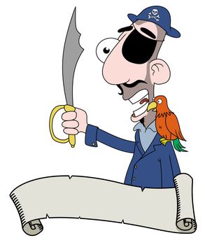 Cartoon illustration of a Pirate behind a scroll