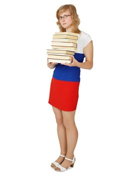 The woman - a student with a pile of books on white background