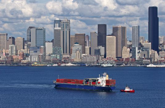 Seattle's skyline and barge, Washington, United States