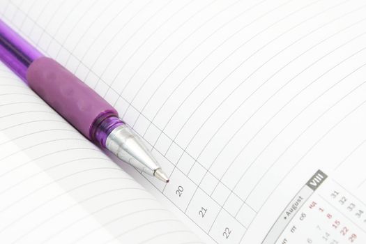 A lined diary with calendar and a pen